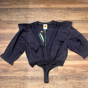 Farm Rio Black, Plunge, Semi-Sheer, Ruffle Bodysuit Blouse Size Large